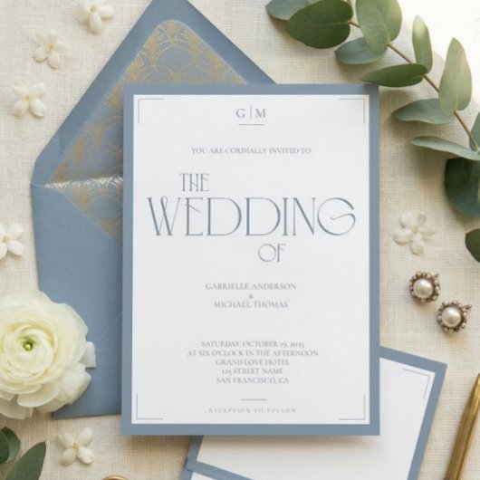Invitation Minimalist Dusty Blue Elegant Monogram Wedding 
