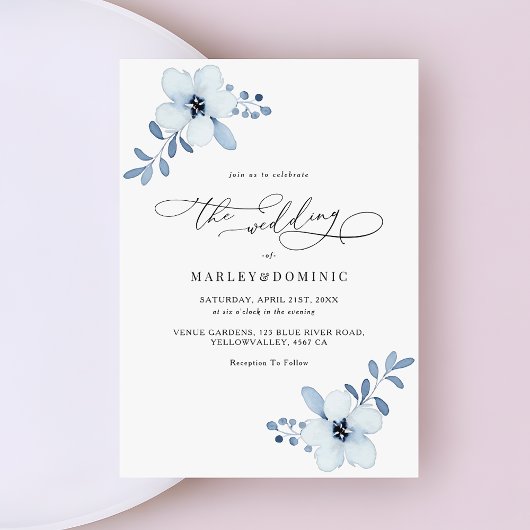 Invitation Minimalist Dusty Blue Floral Boho Wedding