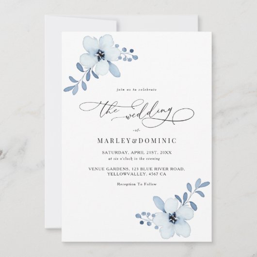 Invitation Minimalist Dusty Blue Floral Boho Wedding (Devant)
