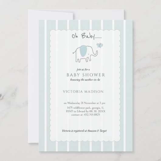 Invitation Minimalist Dusty Blue Oh Baby Elephant Sketch  (Devant)