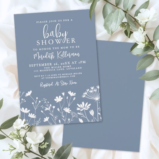 Invitation Minimalist Dusty Blue Wildflower Baby Shower