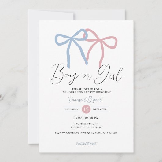 Invitation Minimalist Dusty Pink Blue Ribbon Gender Reveal (Devant)