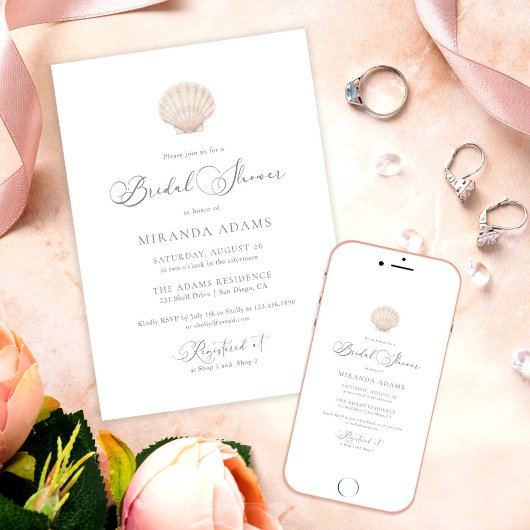 Invitation Minimalist Elegant Sea Shell Beach Bridal Shower