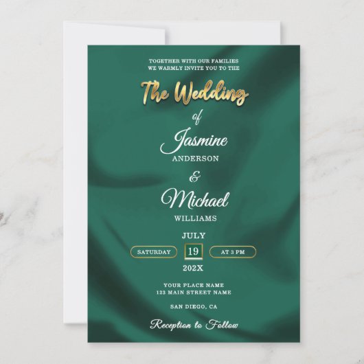 Invitation Minimalist Emerald and Gold Foil Script Wedding  (Devant)