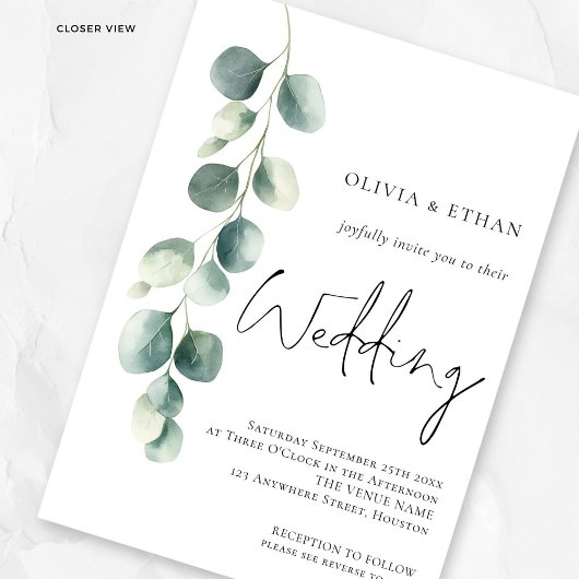 Invitation Minimalist Eucalyptus Elegant Script Sage Wedding