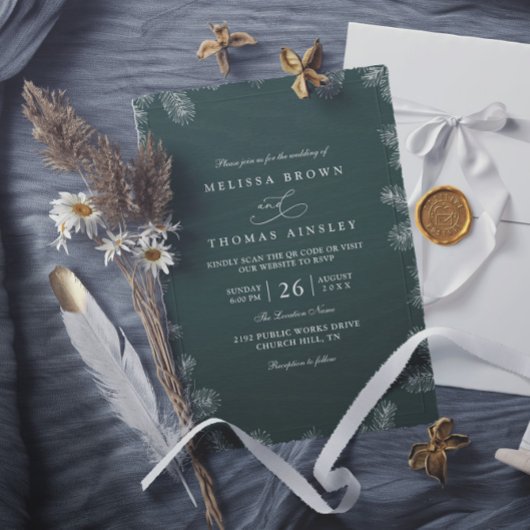 Invitation Minimalist Evergreen Rustic Modern QR Code Wedding