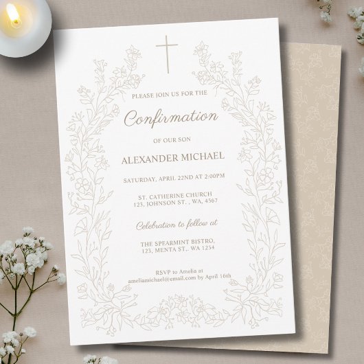 Invitation Minimalist Floral Cross Confirmation