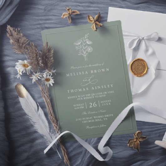 Invitation Minimalist Floral Sage Green Chic QR Code Wedding
