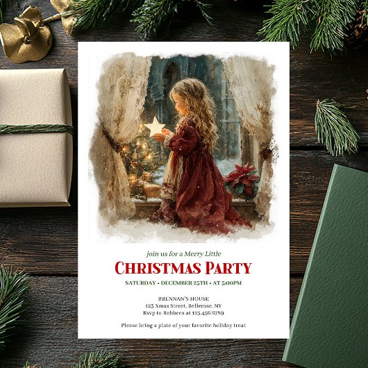 Invitation Minimalist girl awaits Santa editable holiday 