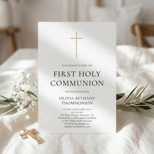 Invitation Minimalist Gold Cross First Holy Communion