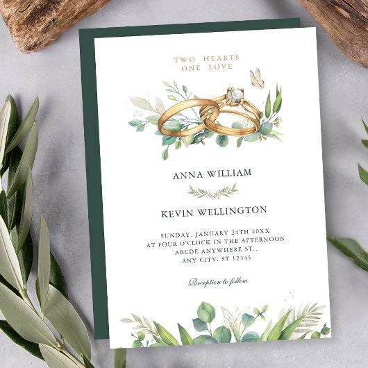 Invitation Minimalist green leaves wedding ring 