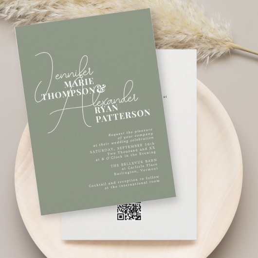 Invitation Minimalist Green Sage All in One & RSVP QR Code 