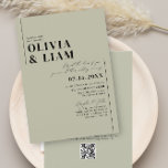 Invitation Minimalist Green Sage All One RSVP QR Code Wedding<br><div class="desc">A minimalist wedding invitation in green sage, for the ultimate modern chic look, includes template space on the back to add wedding details and RSVP QR code to save you money on printing costs . If you need any matching designs that are not in the collection or need any help,...</div>