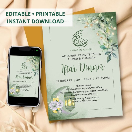 Invitation Minimalist Greenery Moon Ramadan Iftar Dinner
