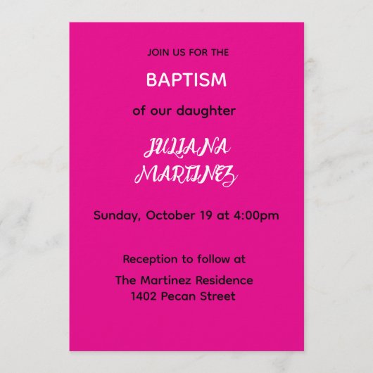 Invitation Minimalist Hot Pink Baptism Invite (Devant)