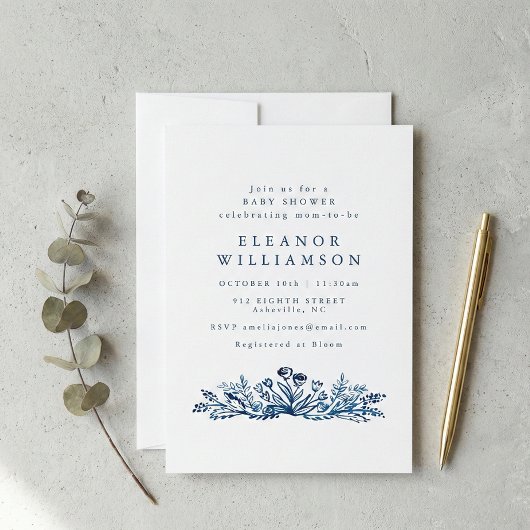 Invitation Minimalist Indigo Blue Ink Botanical Baby Shower