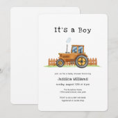 Invitation Minimalist It's A Boy Framer Tractor Baby Shower  (Devant / Derrière)