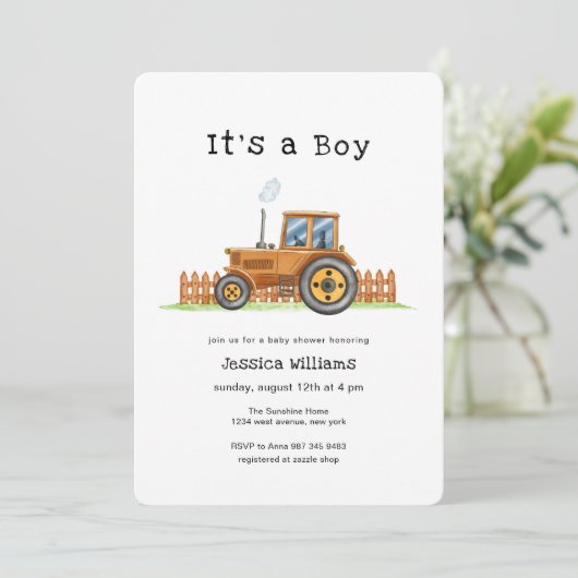 Invitation Minimalist It's A Boy Framer Tractor Baby Shower  (Debout devant)