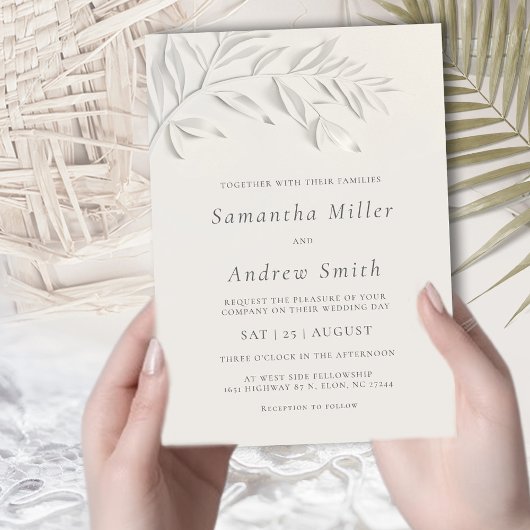 Invitation Minimalist Ivory Faux Blind Embossed Botanical  In