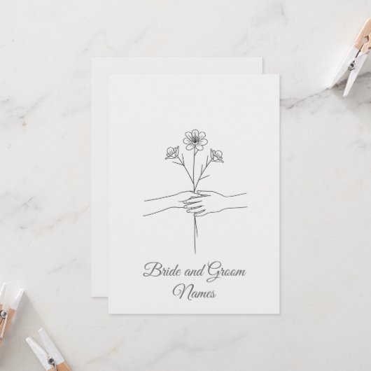 Invitation Minimalist Line Art Hands holding Flowers Wedding  (Devant/Arrière en situation)