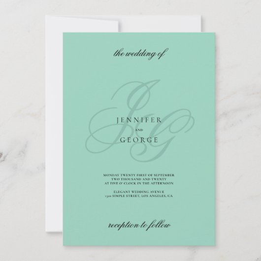 Invitation Minimalist mint green monogram initials wedding  (Devant)