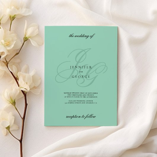Invitation Minimalist mint green monogram initials wedding 
