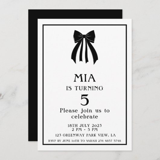 Invitation Minimalist Modern Black Coquette Bow (Devant / Derrière)