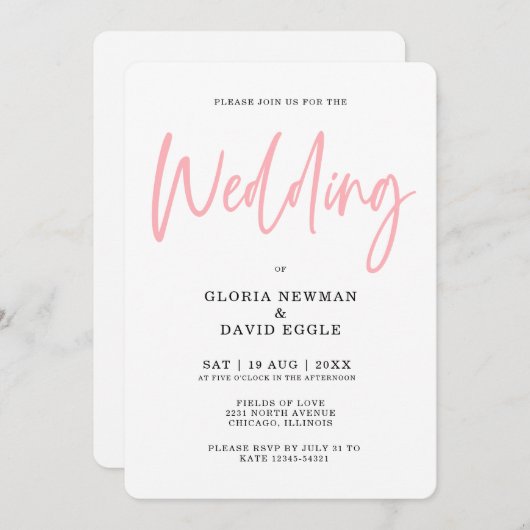 Invitation Minimalist Modern Blush Pink QR Code Wedding (Devant / Derrière)