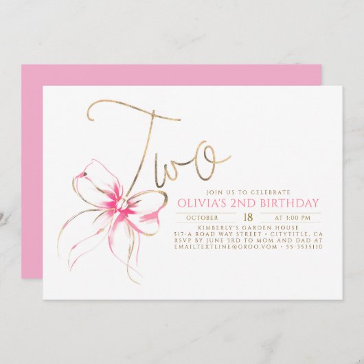 Invitation Minimalist Modern Elegant Pink Bow 2nd Birthday (Devant / Derrière)