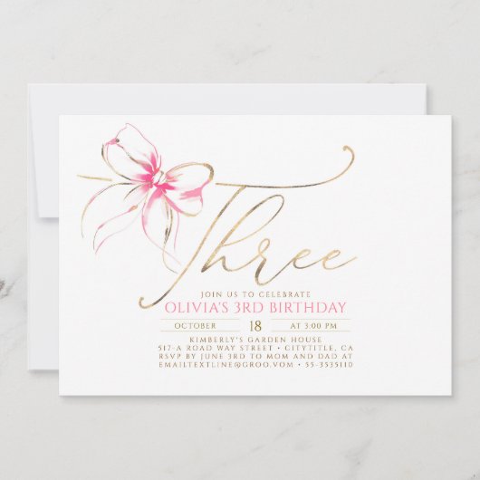 Invitation Minimalist Modern Elegant Pink Bow 3RD Birthday (Devant)