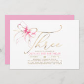 Invitation Minimalist Modern Elegant Pink Bow 3RD Birthday (Devant / Derrière)
