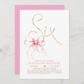 Invitation Minimalist Modern Elegant Pink Bow 6th Birthday (Devant / Derrière)