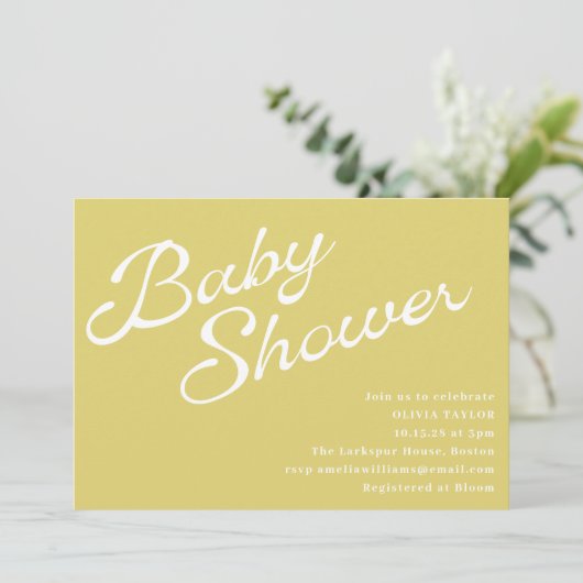 Invitation Minimalist Modern Yellow Retro Script Baby Shower (Debout devant)