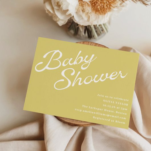 Invitation Minimalist Modern Yellow Retro Script Baby Shower