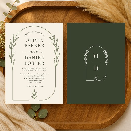 Invitation Minimalist Olive Green Boho Arch Wedding
