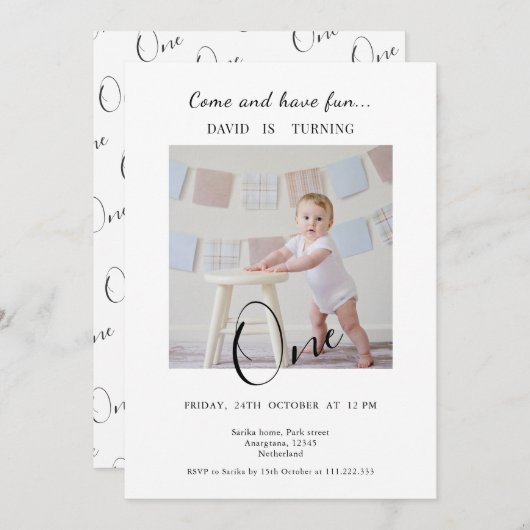 Invitation Minimalist One  Custom Photo First Birthday (Devant / Derrière)