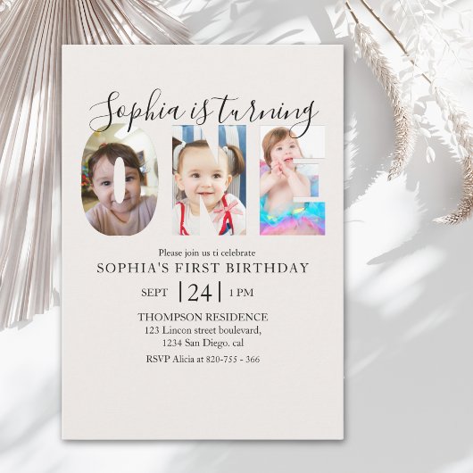 Invitation Minimalist "ONE" First Birthday Photo Girl