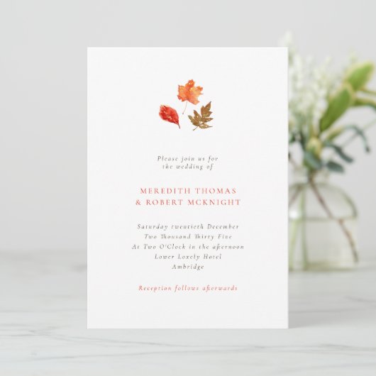 Invitation Minimalist Orange Autumn Leaves Wedding (Debout devant)