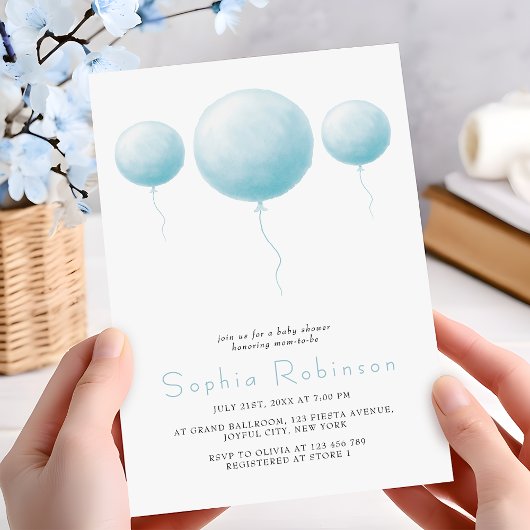 Invitation Minimalist Pastel Blue Balloons Baby Boy Shower