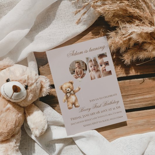 Invitation Minimalist Photo Bear Neutral Beary First Birthday