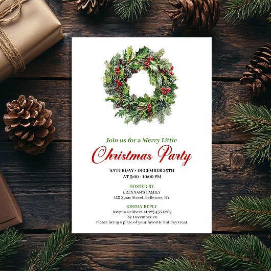 Invitation Minimalist Pine Wreath Christmas Party Card