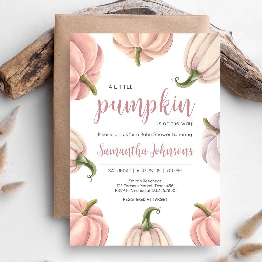 Invitation Minimalist Pink Pumpkin Fall Baby Shower