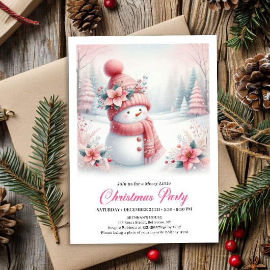 Invitation Minimalist Pink Snowman Kids Editable Digital Xmas