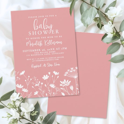 Invitation Minimalist Pink Wildflower Baby Shower