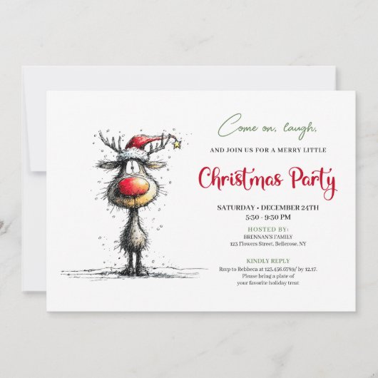 Invitation Minimalist quirky reindeer holiday party invite (Devant)