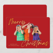 Invitation Minimalist Red Gold Merry Christmas Handwriting  (Devant / Derrière)