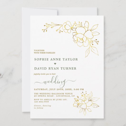 Invitation Minimalist Sage Green Gold Flowers Wedding (Devant)