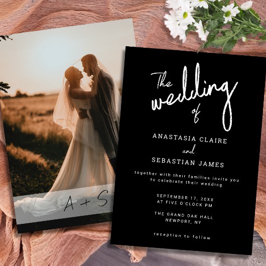 Invitation Minimalist Script Black and White Photo Wedding