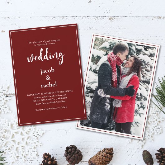 Invitation Minimalist Script Burgundy Dark Red Photo Wedding