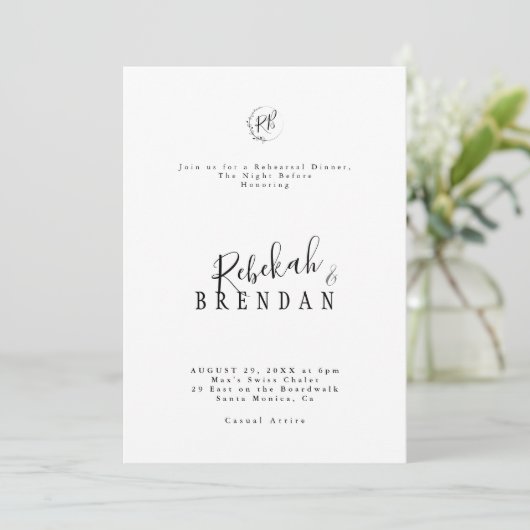 Invitation Minimalist Script Floral Monogram Rehearsal Dinner (Debout devant)